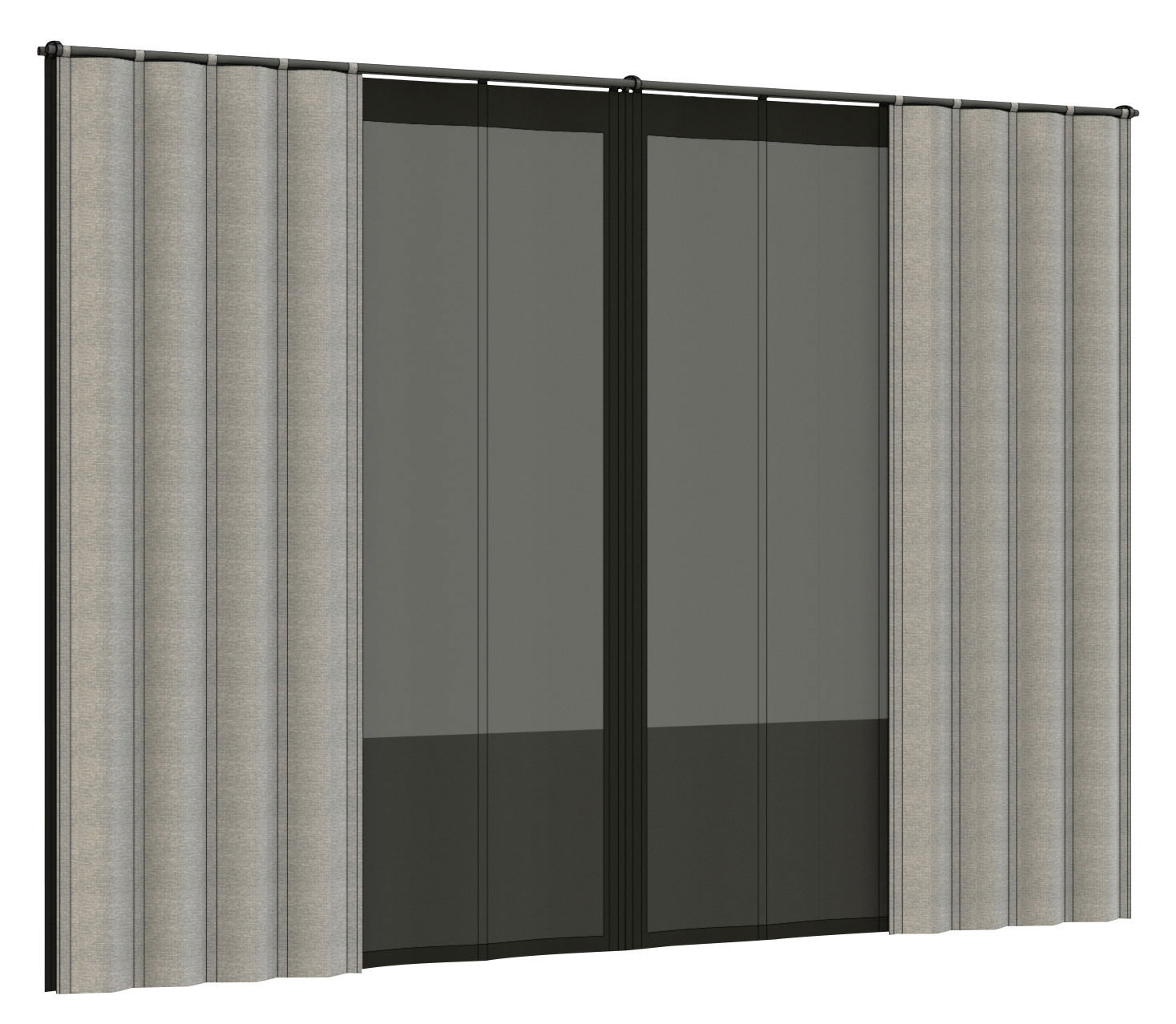 Vorhang Set in neutralen Farben, frontal betrachtet, mit zwei Paneelen und seitlichen Falten.