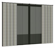Gordijnset in neutrale kleuren, gezien van voren, met twee panelen en plooien aan de zijkanten.