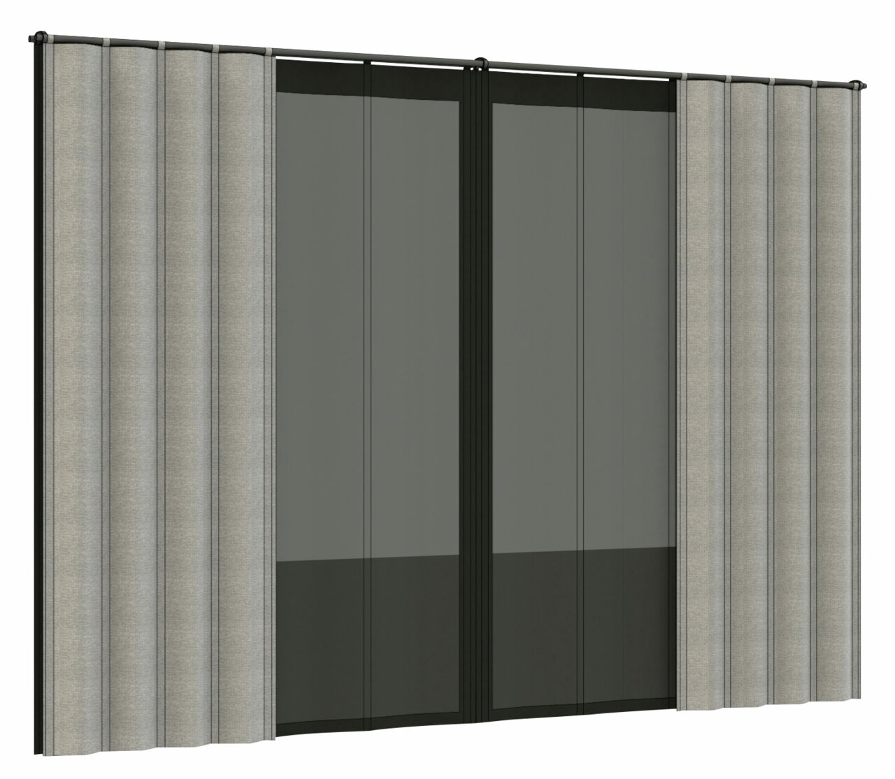 Gordijnset in neutrale kleuren, gezien van voren, met twee panelen en plooien aan de zijkanten.