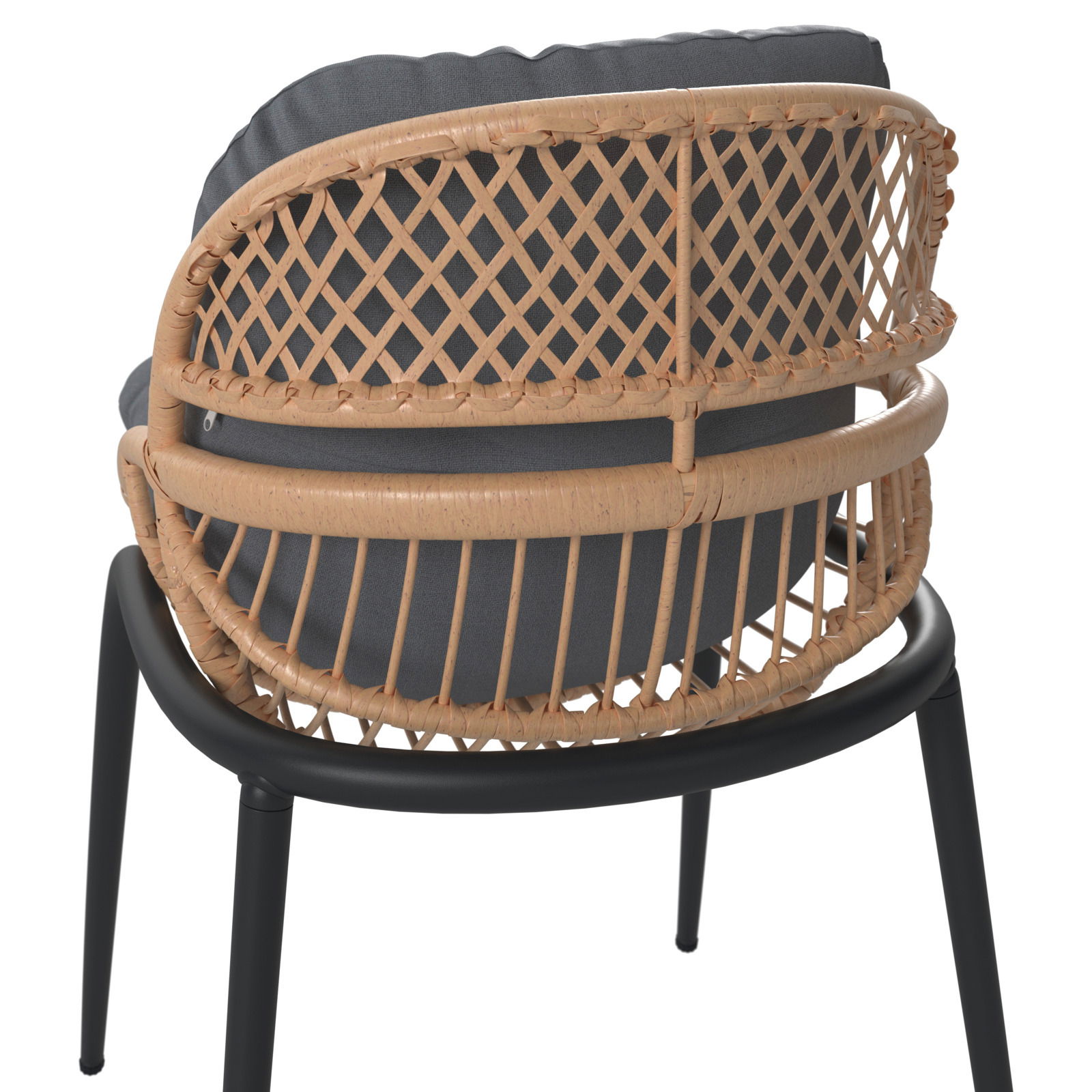 Rückansicht eines Gartensessels mit geflochtenem Rattan-Rücken und schwarzem Gestell.