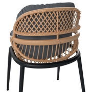 Achterkant van een tuinstoel met een rugleuning van gevlochten rotan en een zwart frame.