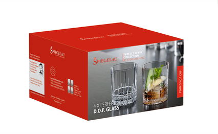 Verpackung des 4er-Sets Perfect D.O.F. Gläser von Spiegelau, Vorderansicht mit zwei abgebildeten Gläsern, eines leer und eines mit Getränk und Eis.
