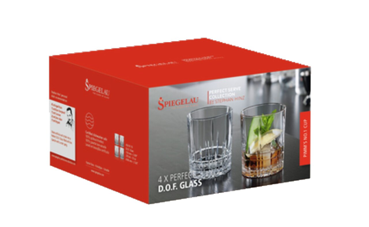 Verpackung des 4er-Sets Perfect D.O.F. Gläser von Spiegelau, Vorderansicht mit zwei abgebildeten Gläsern, eines leer und eines mit Getränk und Eis.