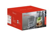 Verpackung des 4er-Sets Perfect D.O.F. Gläser von Spiegelau, Vorderansicht mit zwei abgebildeten Gläsern, eines leer und eines mit Getränk und Eis.