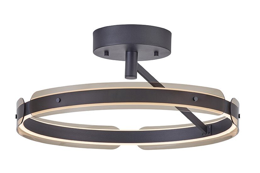 Moderne LED-Deckenleuchte in Ringform aus schwarzem Metall mit umlaufendem warmweißem Lichtband, frontale leicht schräge Ansicht von unten
