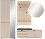 Garderoben-Set 4-tlg. in moderner Frontansicht mit Spiegel, Kleiderhaken, Schrank und Sitzbank in Holzoptik.