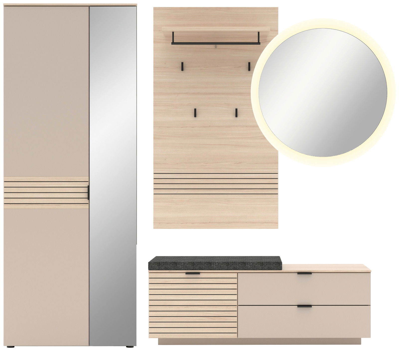 Garderoben-Set 4-tlg. in moderner Frontansicht mit Spiegel, Kleiderhaken, Schrank und Sitzbank in Holzoptik.