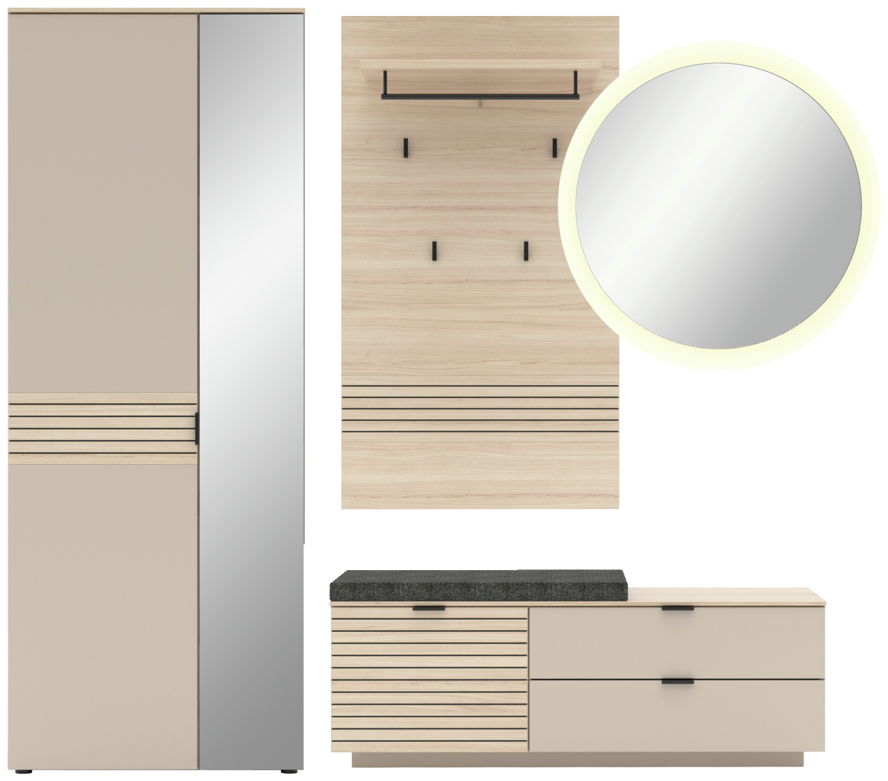 Garderoben-Set 4-tlg. in moderner Frontansicht mit Spiegel, Kleiderhaken, Schrank und Sitzbank in Holzoptik.