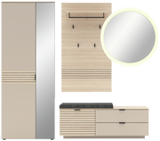 Garderoben-Set 4-tlg. in moderner Frontansicht mit Spiegel, Kleiderhaken, Schrank und Sitzbank in Holzoptik.