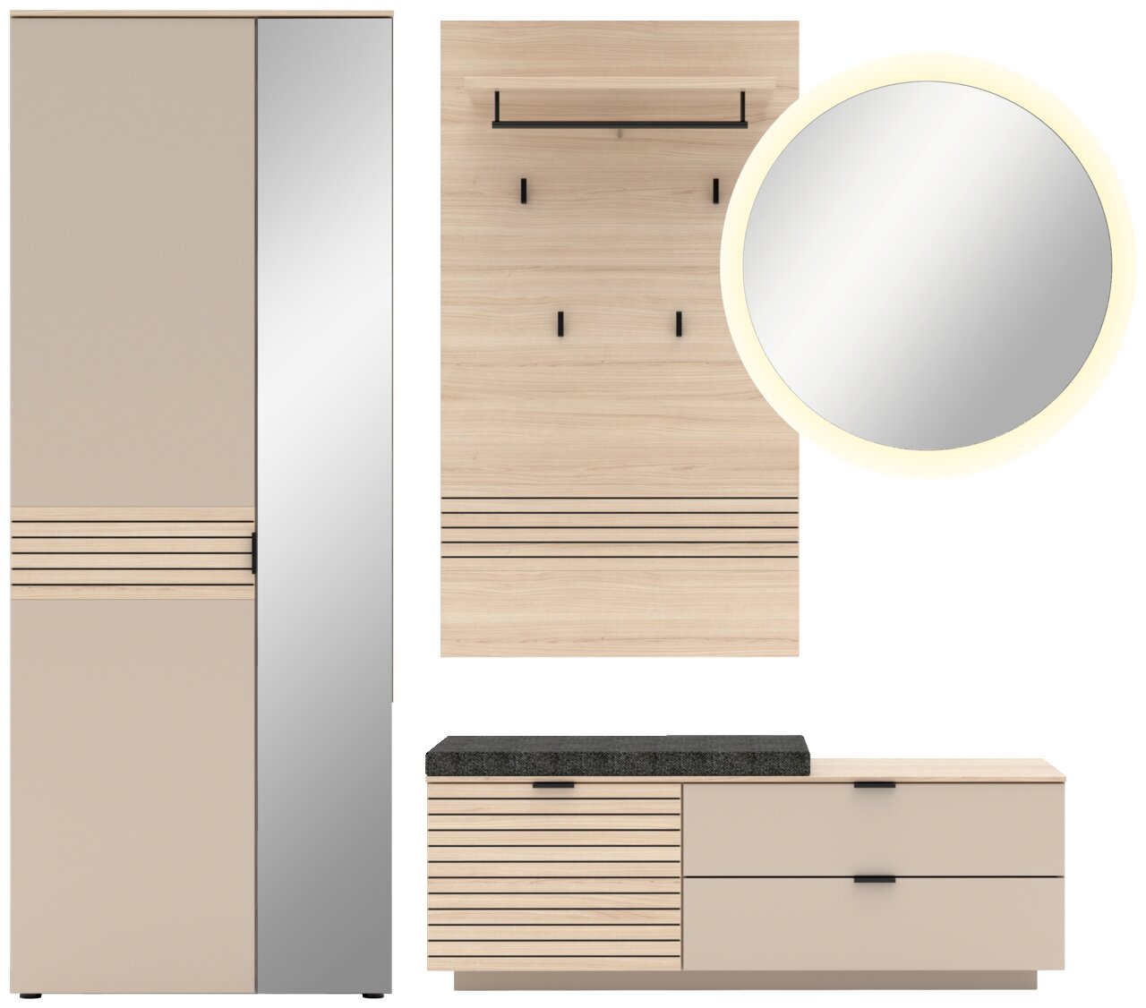 Voleo Garderoben-Set 4-tlg. INA Garderoben-Set 4-tlg. in moderner Frontansicht mit Spiegel, Kleiderhaken, Schrank und Sitzbank in Holzoptik.