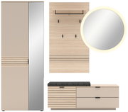 Garderoben-Set 4-tlg. in moderner Frontansicht mit Spiegel, Kleiderhaken, Schrank und Sitzbank in Holzoptik.