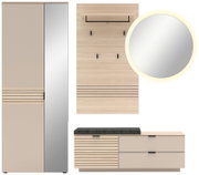 Garderobeset (4-delig) in modern ontwerp met spiegel, kapstok, kast en bankje in houtlook.