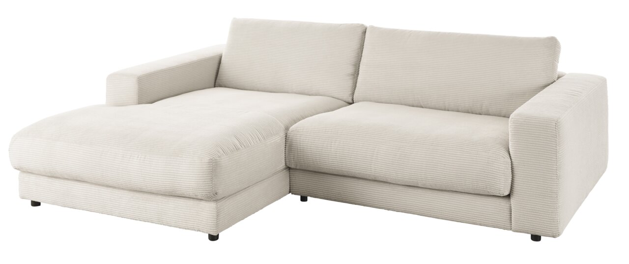 Beige longchair-set van corduroy, gefotografeerd vanuit perspectief van linksvoor.
