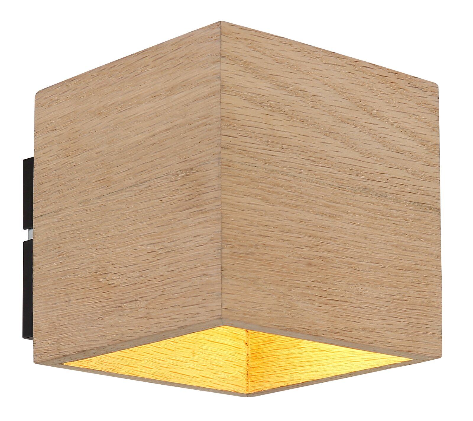 NOWA Wandlamp EDWIN Hoekige wandlamp van lichtgekleurd hout met een warm verlichte onderkant en een zwarte wandbevestiging, schuin van onderaf gefotografeerd in vooraanzicht