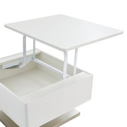 Moderner weißer Couchtisch mit aufklappbarer Tischplatte, seitliche Perspektive