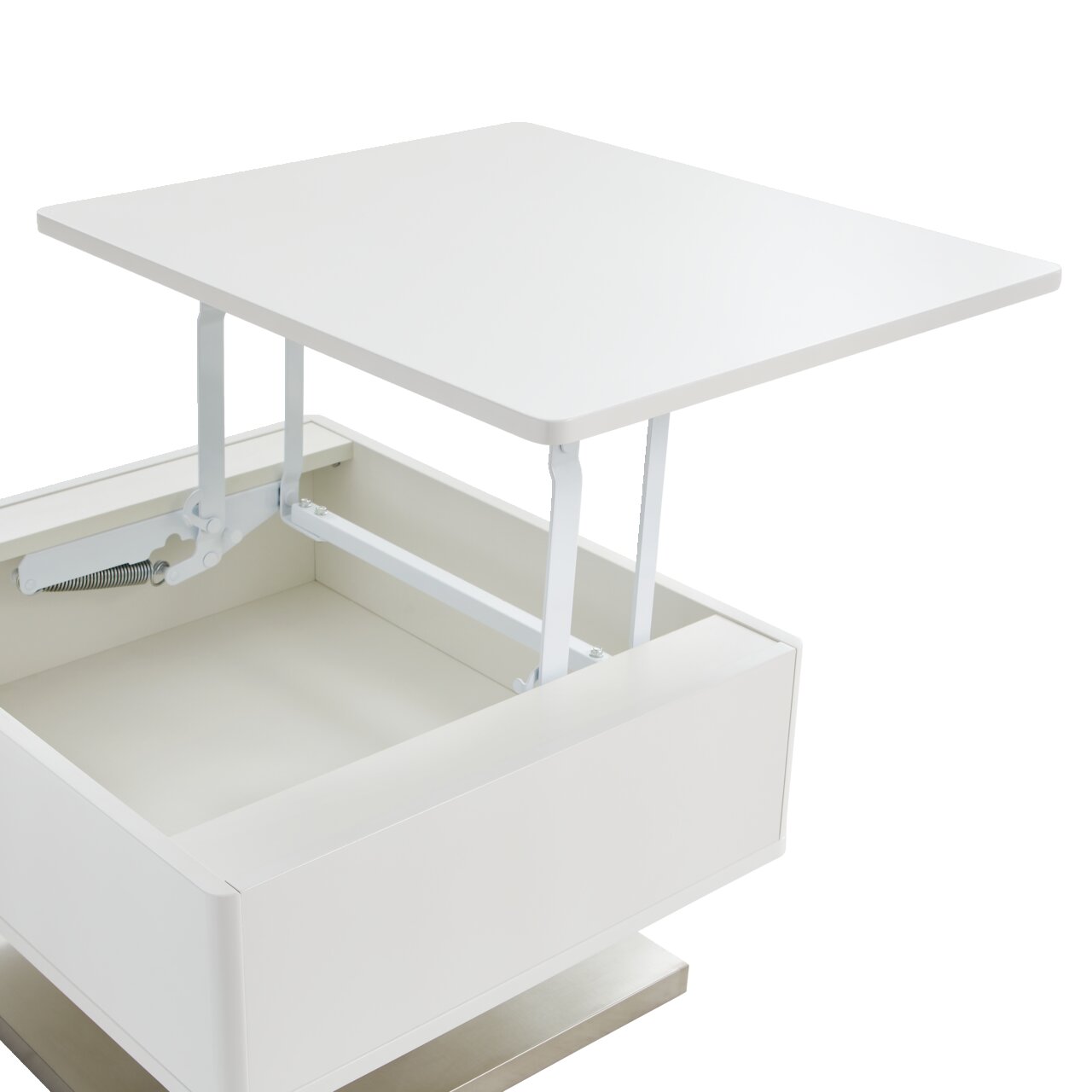 Moderner weißer Couchtisch mit aufklappbarer Tischplatte, seitliche Perspektive