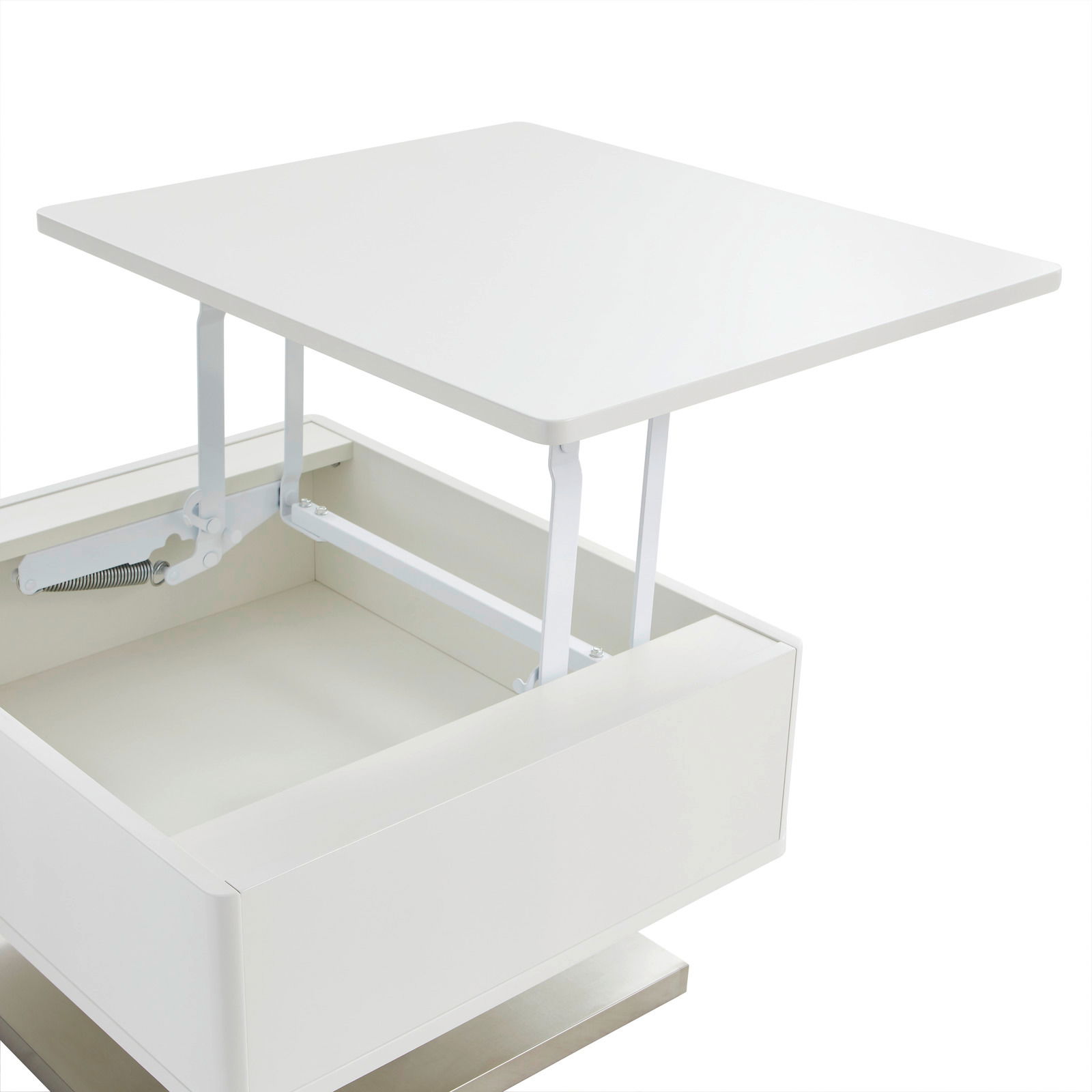 Moderner weißer Couchtisch mit aufklappbarer Tischplatte, seitliche Perspektive