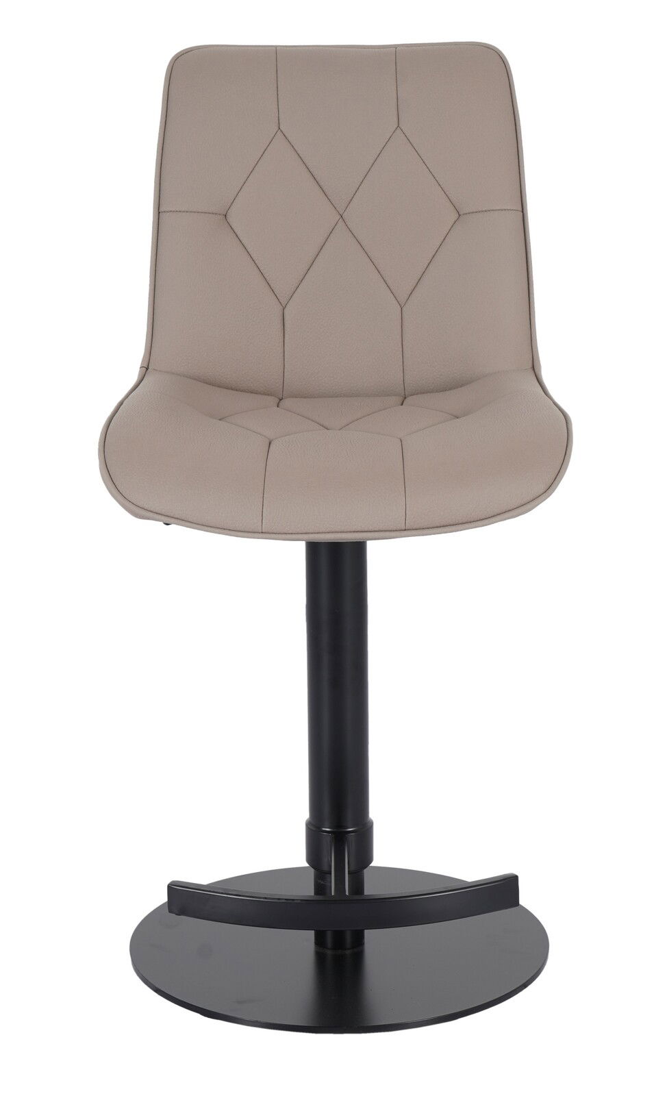 Barhocker mit beigem, gestepptem Sitz und schwarzem Metallfuß, Frontalansicht