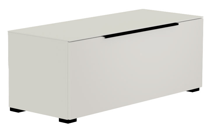 Weißes TV-Lowboard mit schwarzem Griff, seitliche Perspektive