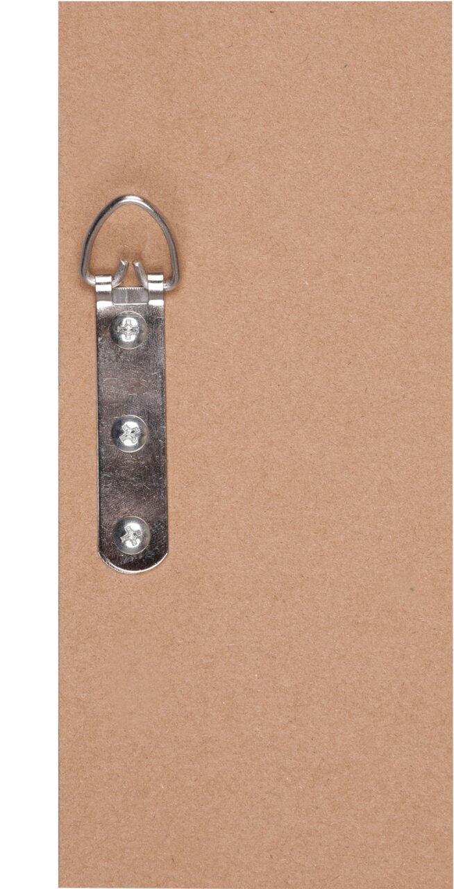 Rückansicht eines Spiegels mit einer Metallaufhängung.