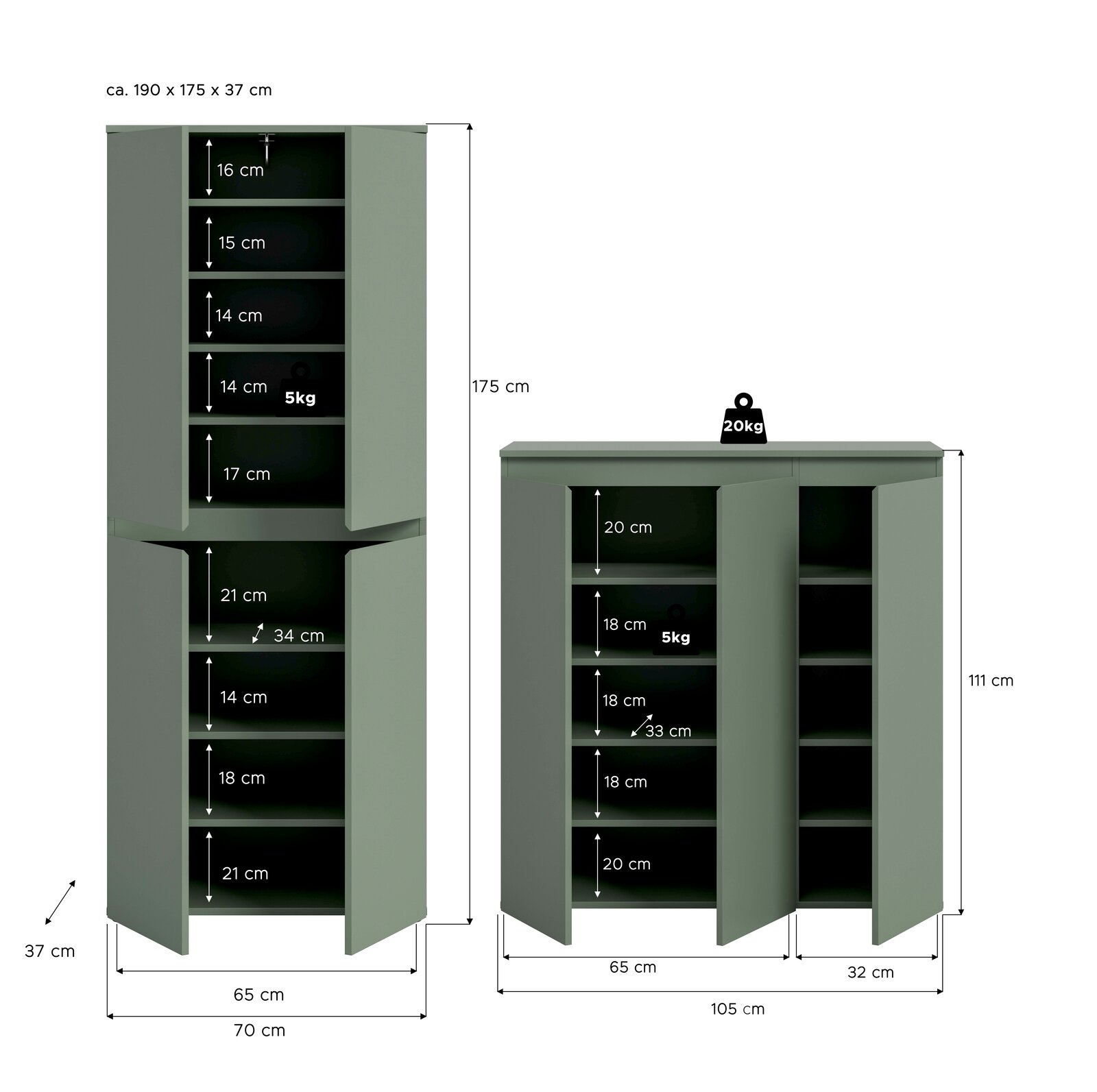 Zweiteiliges Schrank-Set in Salbeigrün (Hochschrank und Sideboard) mit geöffneten Türen und sichtbaren Regalböden, Maßgrafik mit Abmessungen und Belastungsangaben, frontale Ansicht.