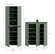 Zweiteiliges Schrank-Set in Salbeigrün (Hochschrank und Sideboard) mit geöffneten Türen und sichtbaren Regalböden, Maßgrafik mit Abmessungen und Belastungsangaben, frontale Ansicht.