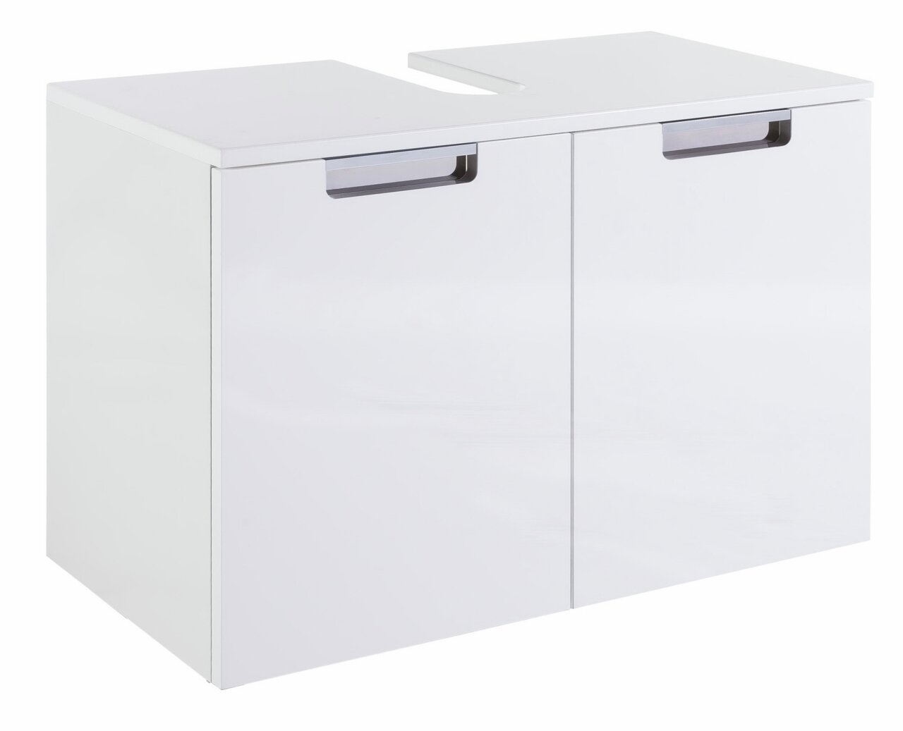 Moderner weißer Waschbeckenunterschrank mit zwei Türen, Frontansicht