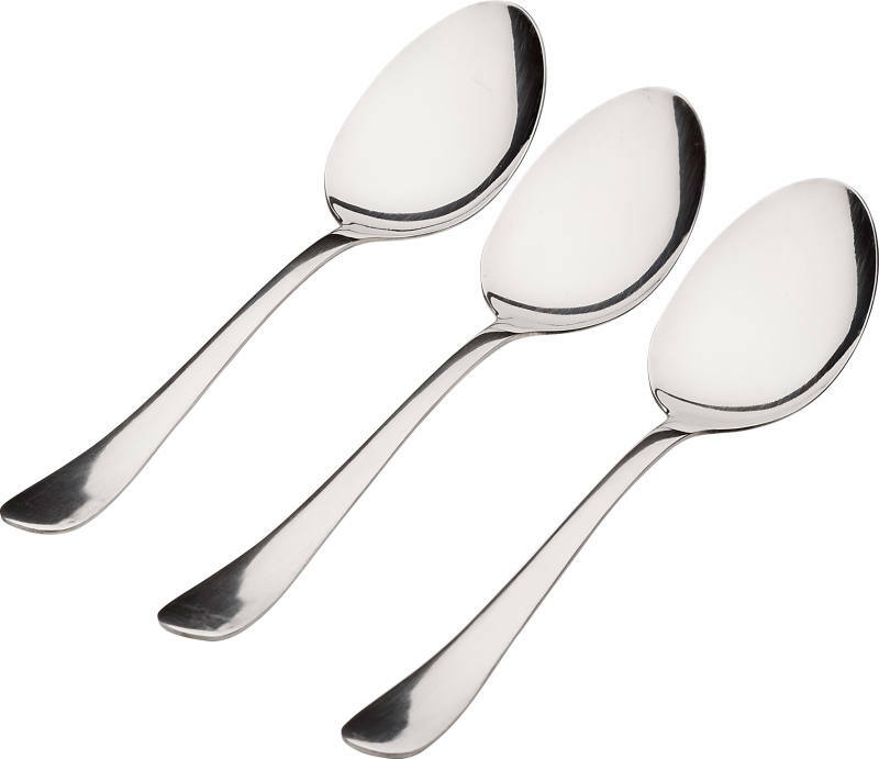 Drei silberne Menülöffel in schräger Draufsicht auf weißem Hintergrund.
