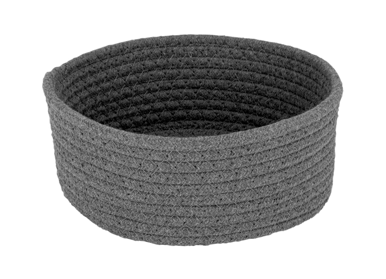 Grauer, runder Brotkorb aus geflochtenem Material, seitliche Perspektive