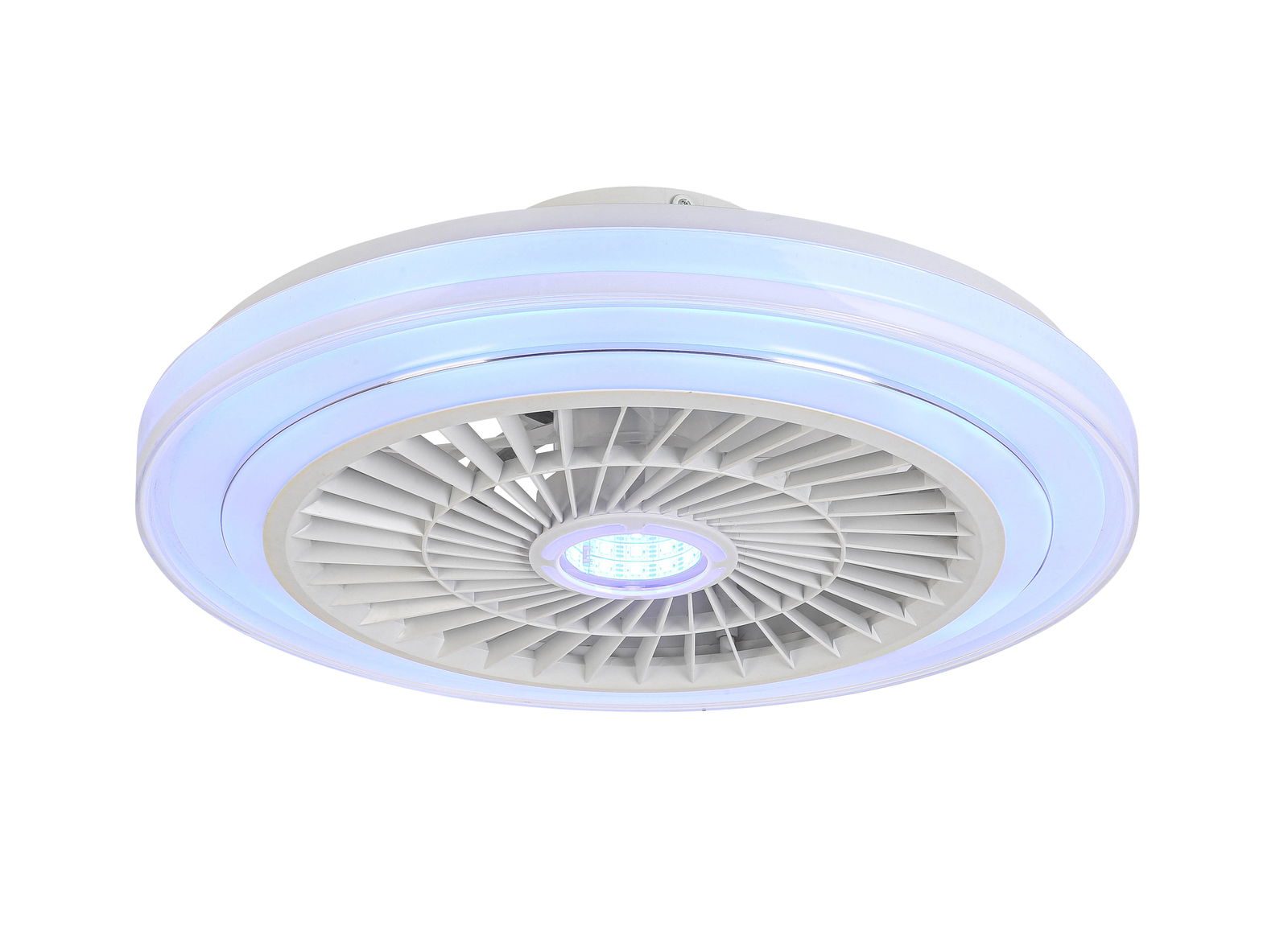 Moderner Deckenventilator mit LED-Beleuchtung, seitliche Perspektive