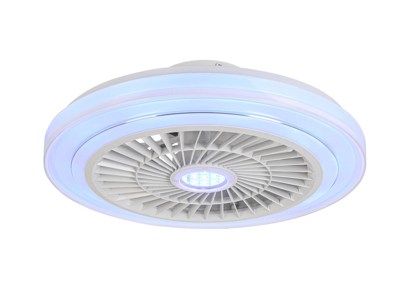 Moderner Deckenventilator mit LED-Beleuchtung, seitliche Perspektive