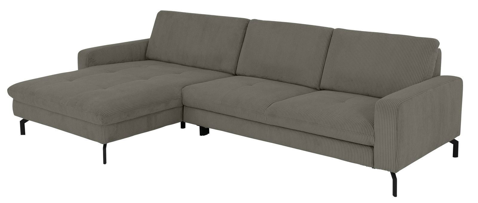 Graues Longchair-Sofa mit linker Armlehne, aus einer schrägen Perspektive fotografiert.