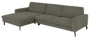 Graues Longchair-Sofa mit linker Armlehne, aus einer schrägen Perspektive fotografiert.