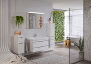 Moderne Badezimmermöbel in einem stilvollen Bad mit hängender Pflanze, beleuchtetem Spiegel und grüner Wand im Hintergrund, aus der Perspektive von links.