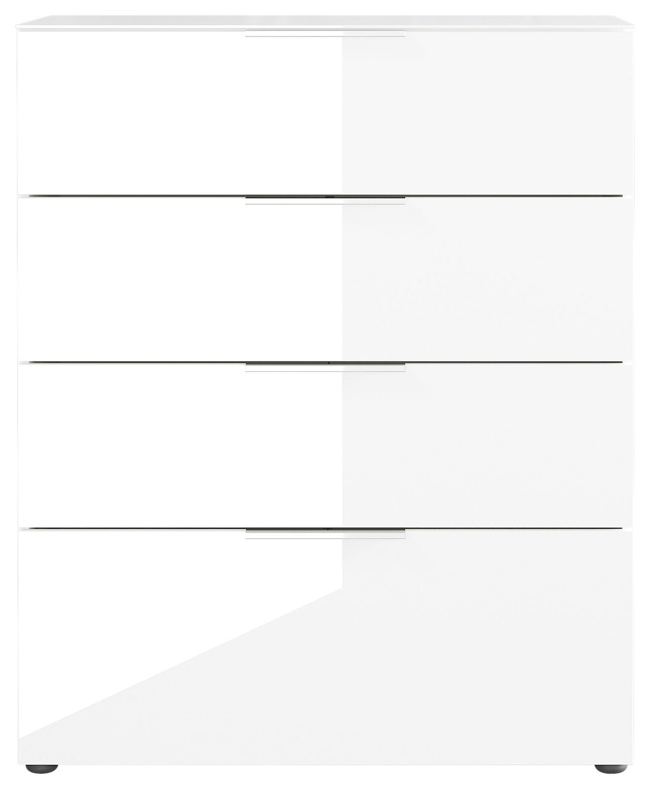 Weiße Schubkastenkommode mit vier Schubladen, frontale Ansicht