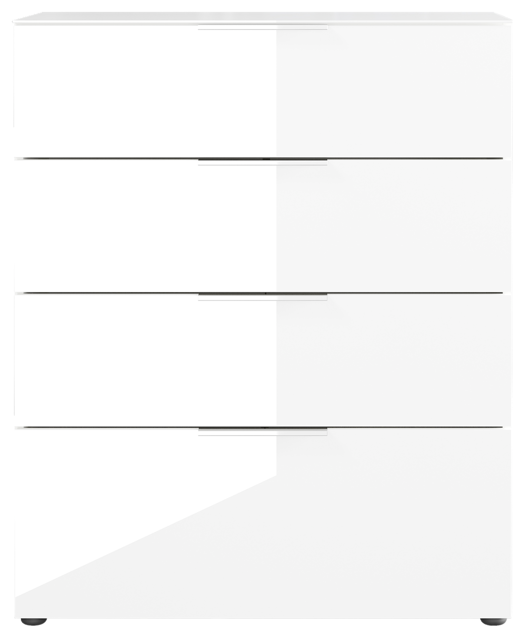 Weiße Schubkastenkommode mit vier Schubladen, frontale Ansicht