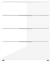Weiße Schubkastenkommode mit vier Schubladen, frontale Ansicht