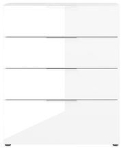Weiße Schubkastenkommode mit vier Schubladen, frontale Ansicht