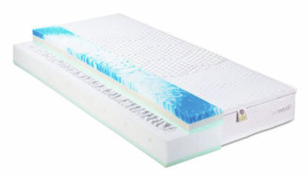 Taschenfederkernmatratze Max Berger WATERFLEX 1000, seitliche Perspektive mit sichtbaren Schichten und blauen Akzenten