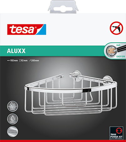 Eckduschkorb aus der tesa Aluxx Serie, perspektivisch von vorne gezeigt, mit glänzendem Chrom-Finish und einfacher Montage ohne Bohren.