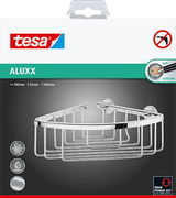 Eckduschkorb aus der tesa Aluxx Serie, perspektivisch von vorne gezeigt, mit glänzendem Chrom-Finish und einfacher Montage ohne Bohren.