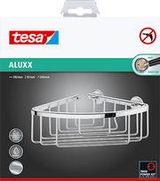 Eckduschkorb aus der tesa Aluxx Serie, perspektivisch von vorne gezeigt, mit glänzendem Chrom-Finish und einfacher Montage ohne Bohren.