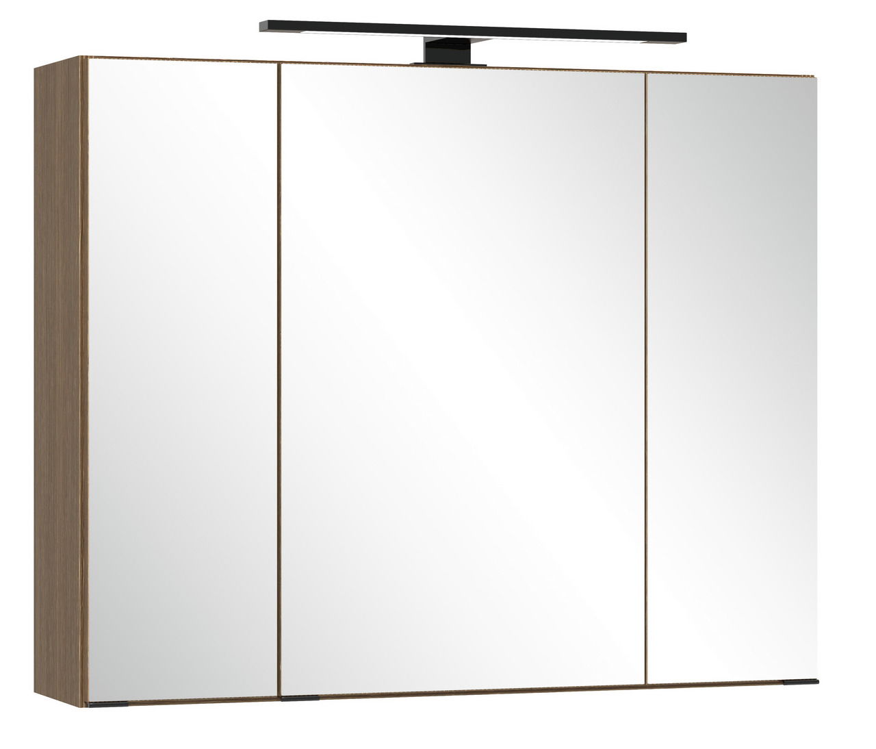 Moderner Spiegelschrank mit drei Türen und integrierter Beleuchtung, seitliche Perspektive