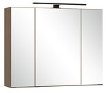 Moderner Spiegelschrank mit drei Türen und integrierter Beleuchtung, seitliche Perspektive