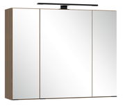 Moderner Spiegelschrank mit drei Türen und integrierter Beleuchtung, seitliche Perspektive