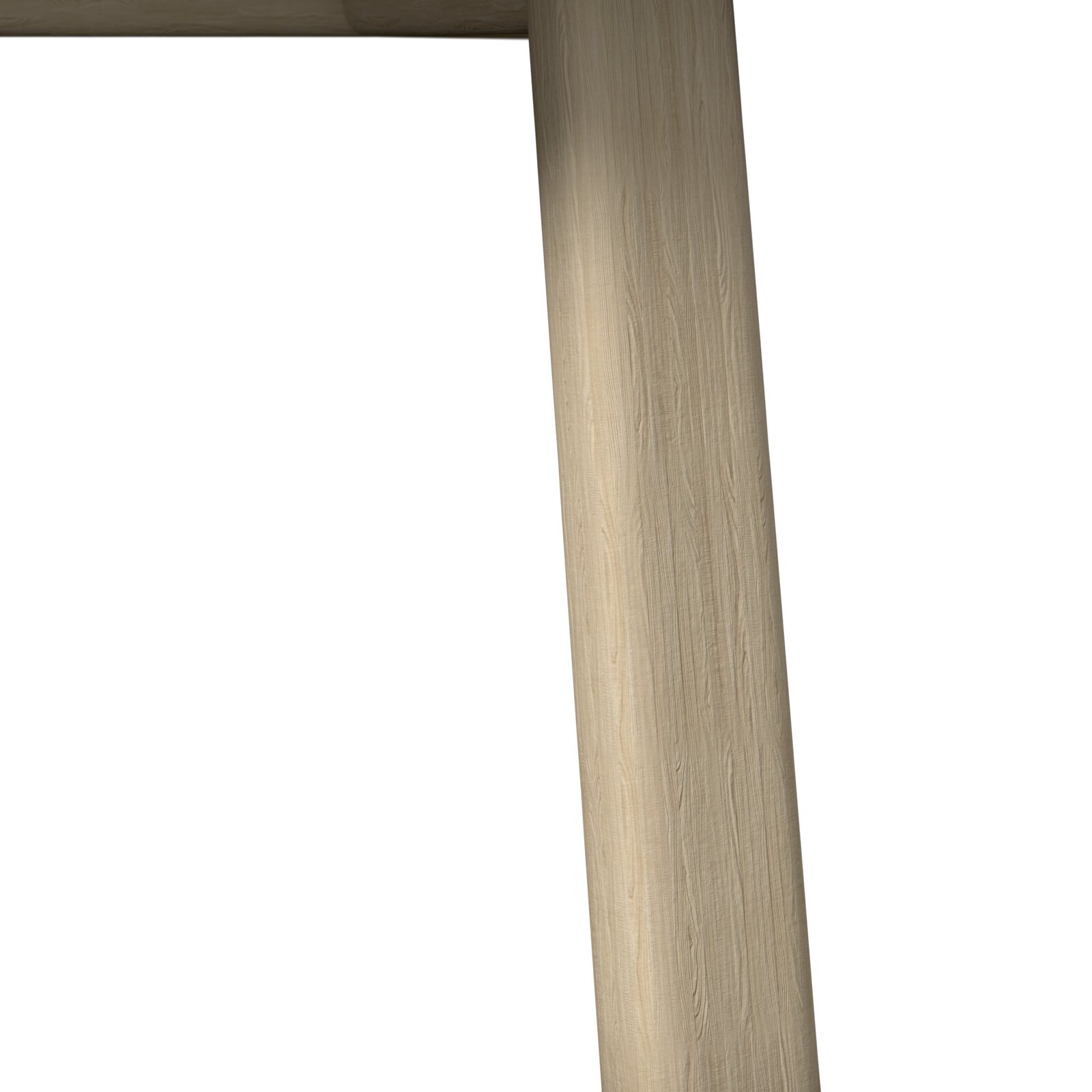Nahaufnahme eines Tischbeins aus hellem Holz, perspektivisch von der Seite betrachtet.