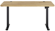 Elektrisch höhenverstellbarer Schreibtisch mit Holzplatte und schwarzen Metallbeinen, Frontalansicht