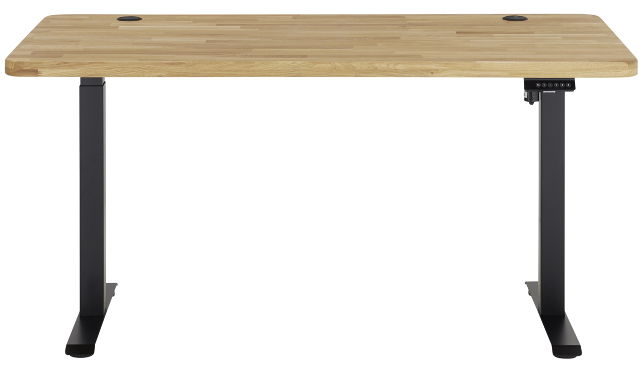 Elektrisch höhenverstellbarer Schreibtisch mit Holzplatte und schwarzen Metallbeinen, Frontalansicht