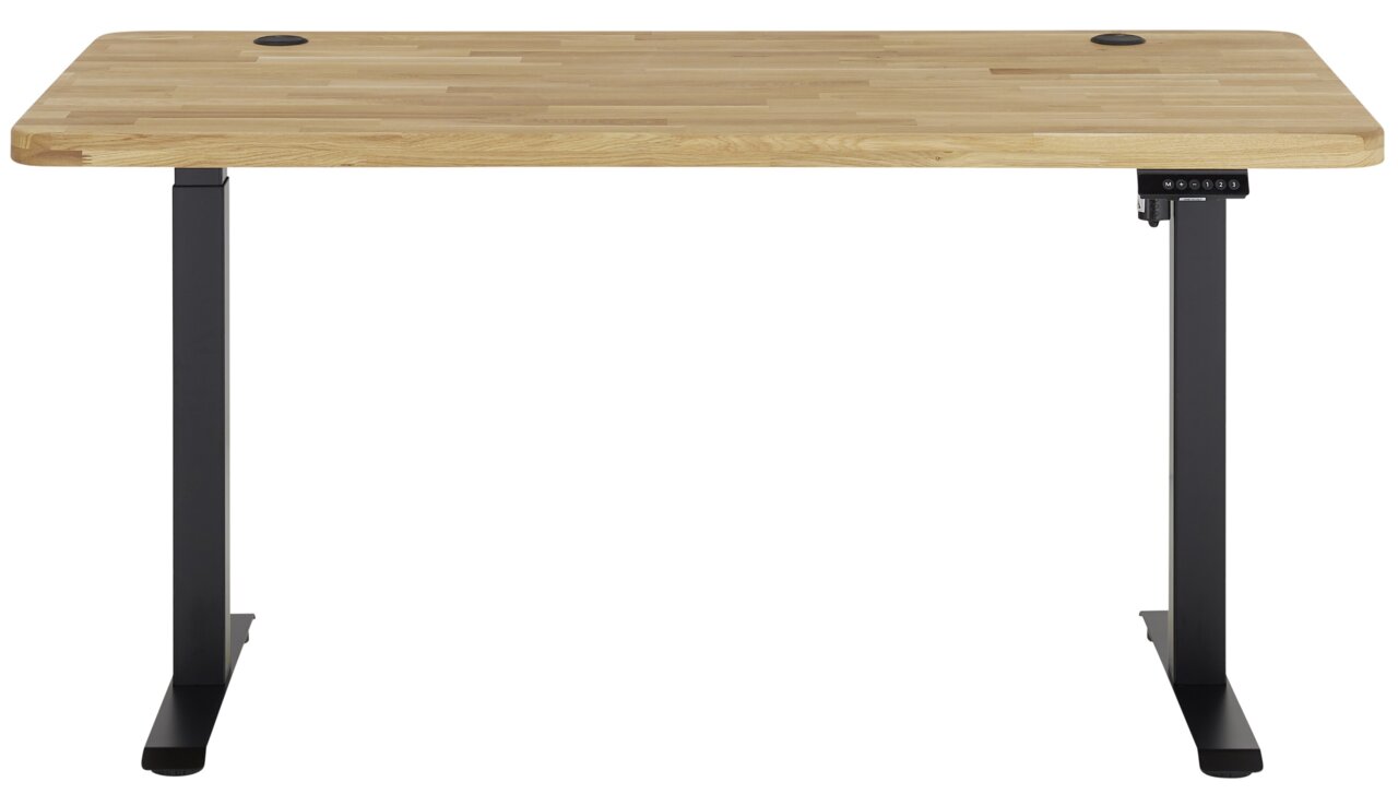 Elektrisch höhenverstellbarer Schreibtisch mit Holzplatte und schwarzen Metallbeinen, Frontalansicht
