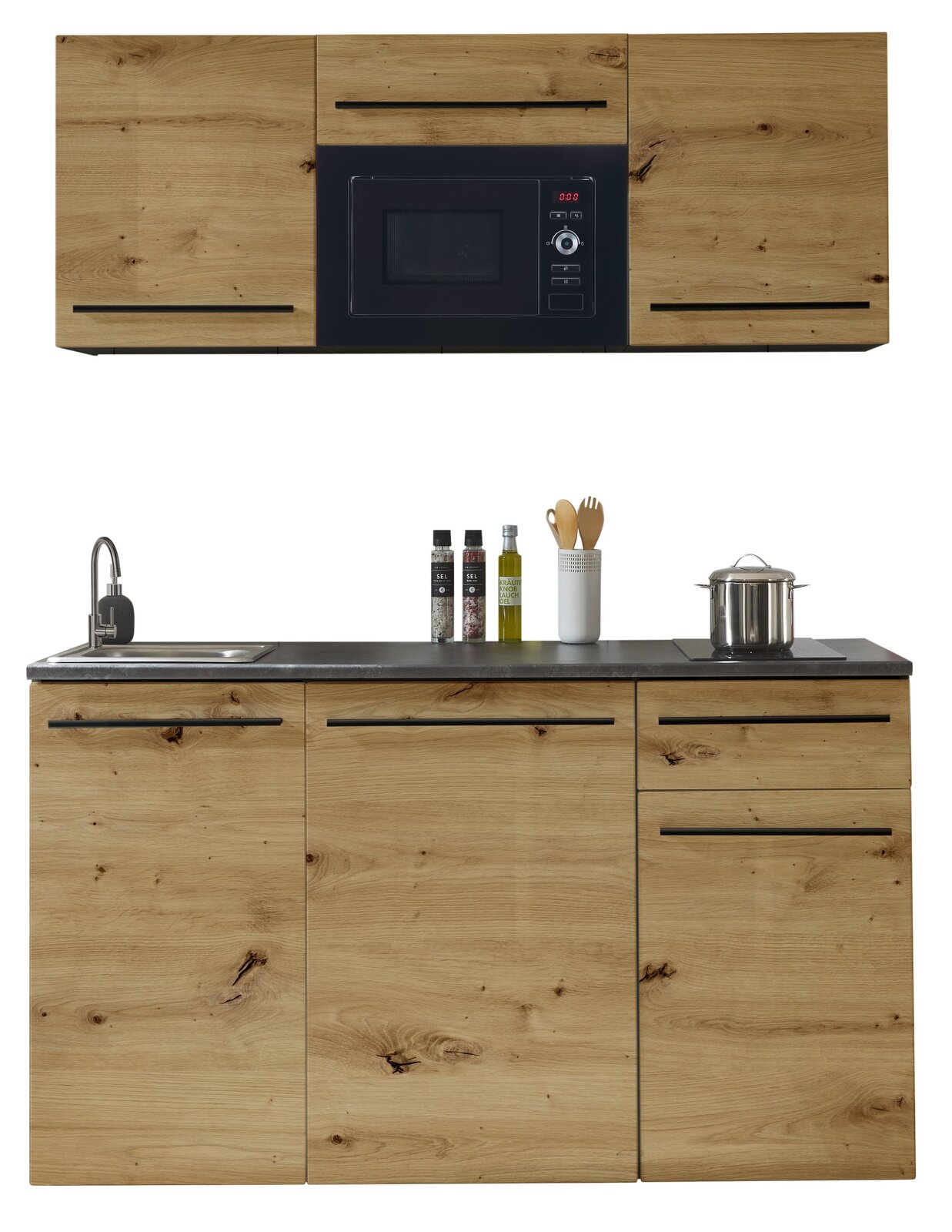 Moderne Single-Küche 160 mit Holzoptik, bestehend aus Oberschränken mit integriertem Mikrowellenfach und Unterschränken mit Spüle und Arbeitsfläche, frontal abgebildet.